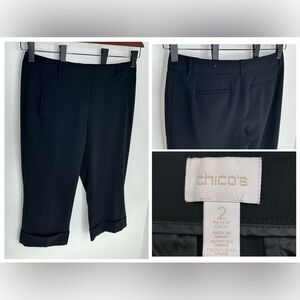 Chico's Petite Crop Pants Size 2 US 12 Black Stretch Cropped Wide Leg Flat Front